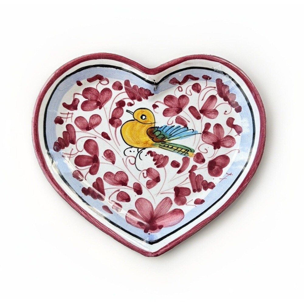 Mario Sambuco Deruta Italy Heart Trinket Dish Hand Painted Bird Floral Pottery